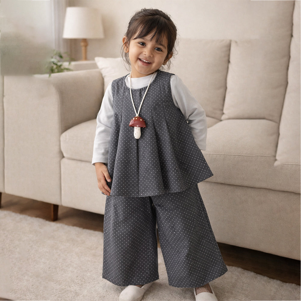 3 Pcs Set,Grey Polka Flared Top,Grey T-shirt & Wide Leg Pants partwear for Girls