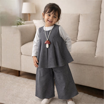 3 Pcs Set,Grey Polka Flared Top,Grey T-shirt & Wide Leg Pants partwear for Girls