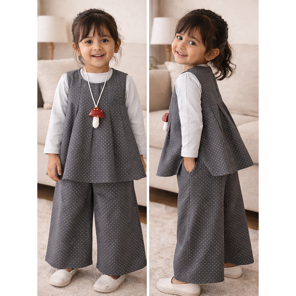 3 Pcs Set,Grey Polka Flared Top,Grey T-shirt & Wide Leg Pants partwear for Girls