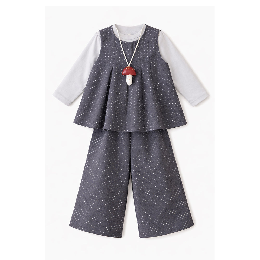 3 Pcs Set,Grey Polka Flared Top,Grey T-shirt & Wide Leg Pants partwear for Girls