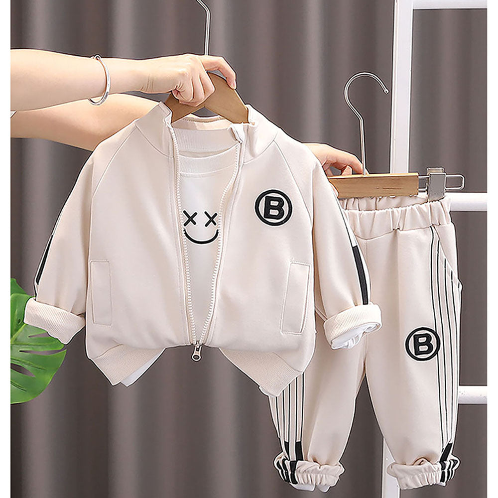 Cream & Black Letter B Monogram 3 Pcs Track Suit Set For Toddlers And Kids