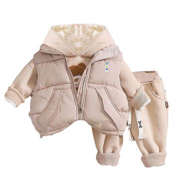 Light Brown Puffer Jacket And Matching Track Suit 3 Pcs Winterwear Set For Toddlers And Kids