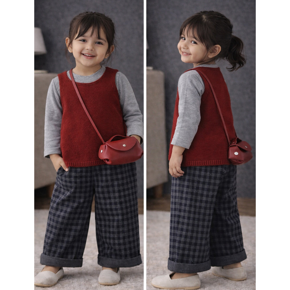 3 Pcs Set,Maroon Knit Sleevless Cardigan,T-shirt & Checkered Pants with Sling purse for Kids
