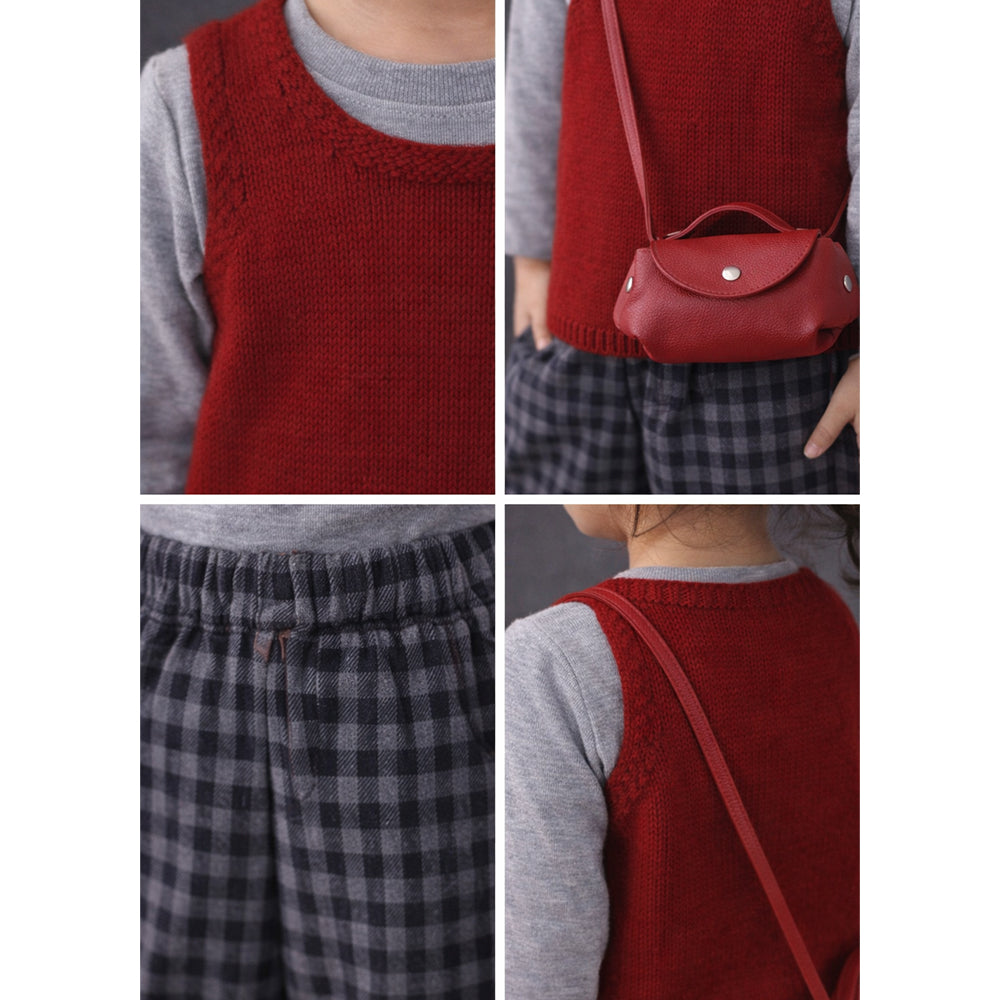 3 Pcs Set,Maroon Knit Sleevless Cardigan,T-shirt & Checkered Pants with Sling purse for Kids
