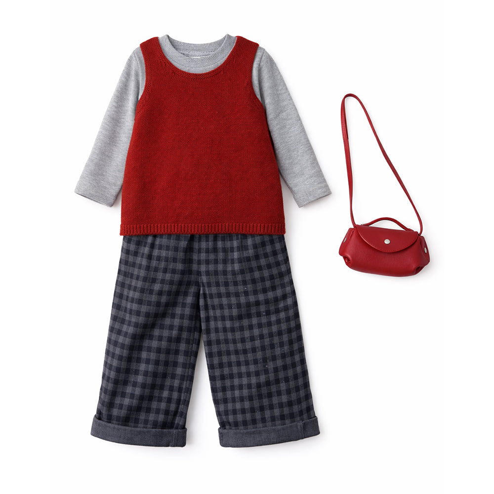 3 Pcs Set,Maroon Knit Sleevless Cardigan,T-shirt & Checkered Pants with Sling purse for Kids