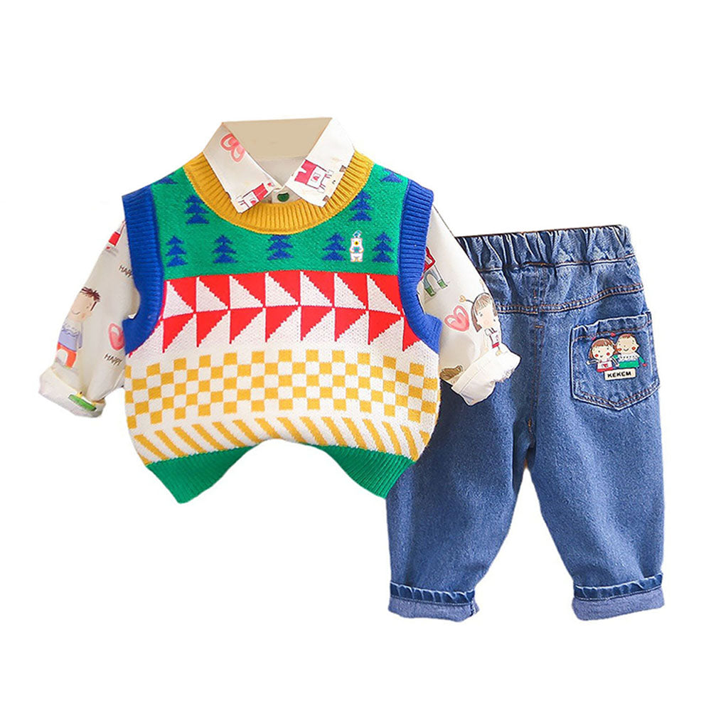 3 Pcs Set Multicolour Sweater Shirt And Denims Set For Toddler And Kids Winter And All Season Wear