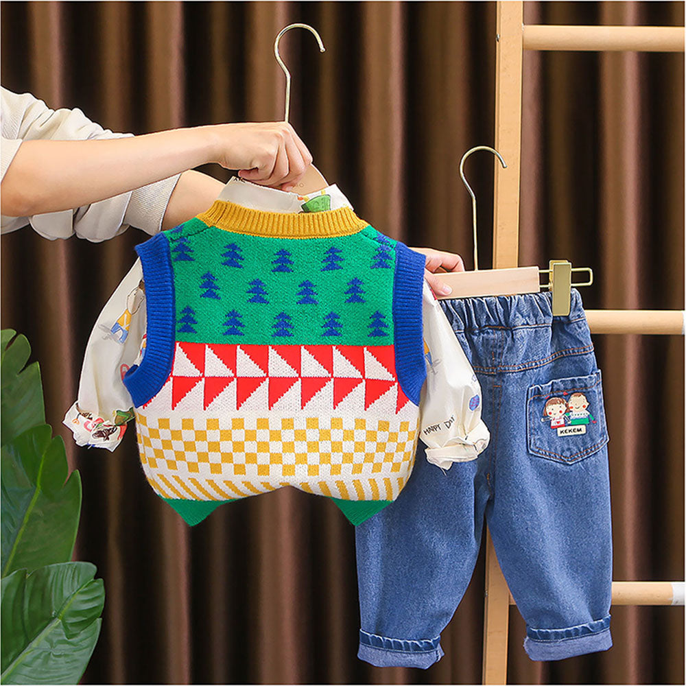 3 Pcs Set Multicolour Sweater Shirt And Denims Set For Toddler And Kids Winter And All Season Wear