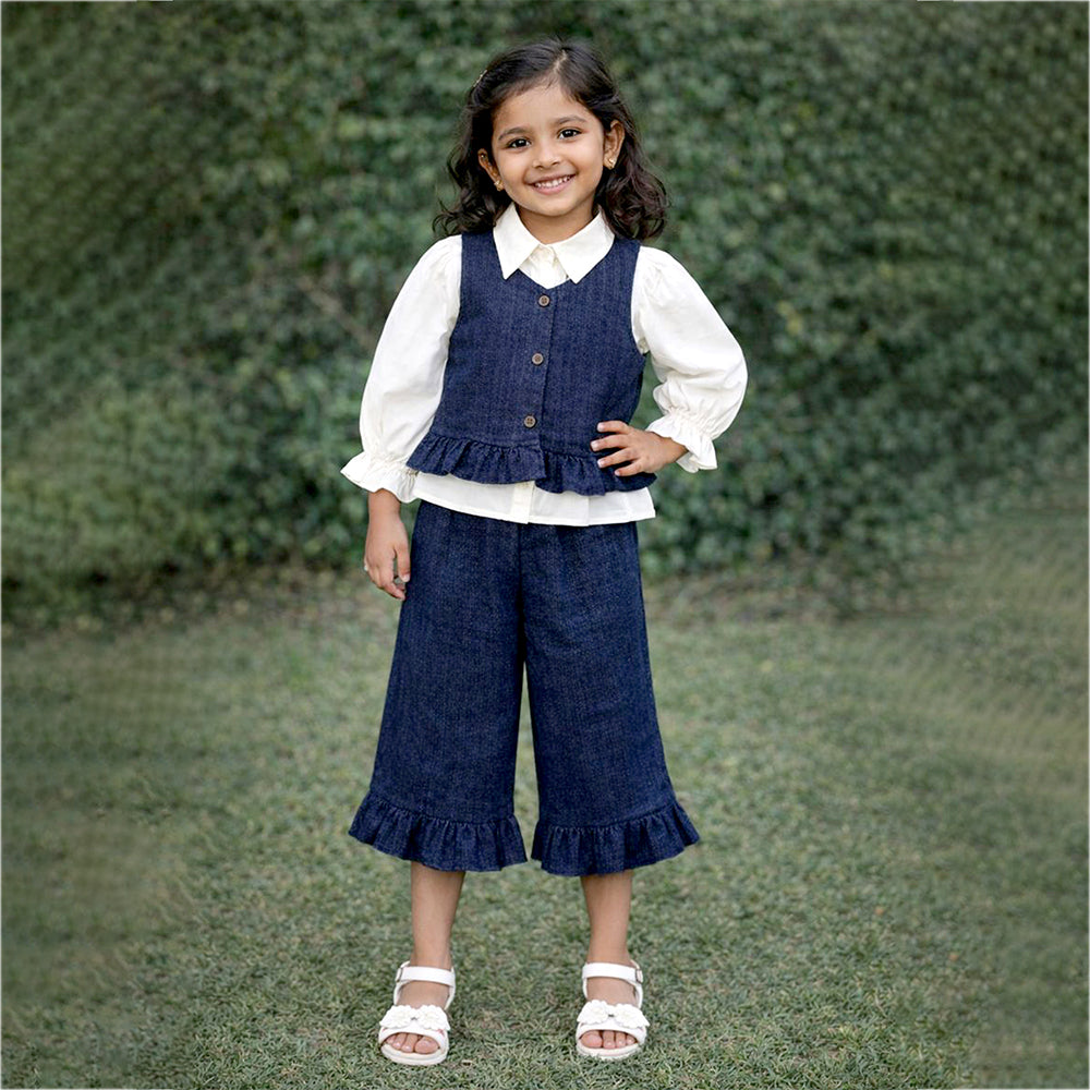 3 Pcs Set,Winterwear Navy Ruffled Vest,Ivory Shirt & Flare Pants for Girls