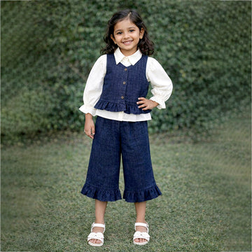 3 Pcs Set,Winterwear Navy Ruffled Vest,Ivory Shirt & Flare Pants for Girls