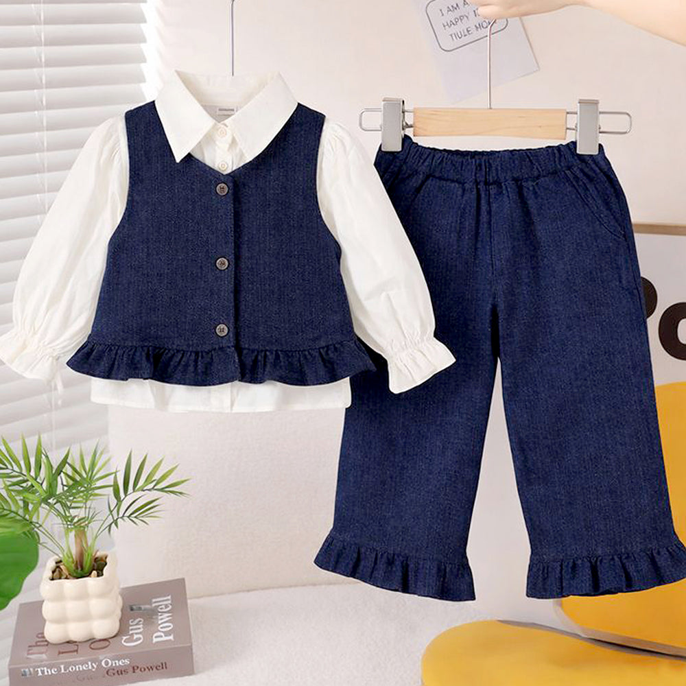 3 Pcs Set,Winterwear Navy Ruffled Vest,Ivory Shirt & Flare Pants for Girls