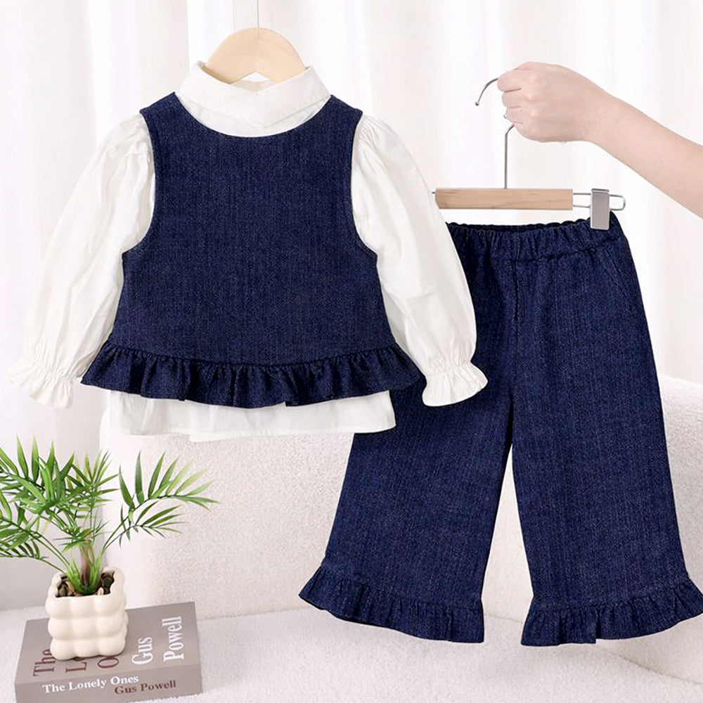 3 Pcs Set,Winterwear Navy Ruffled Vest,Ivory Shirt & Flare Pants for Girls