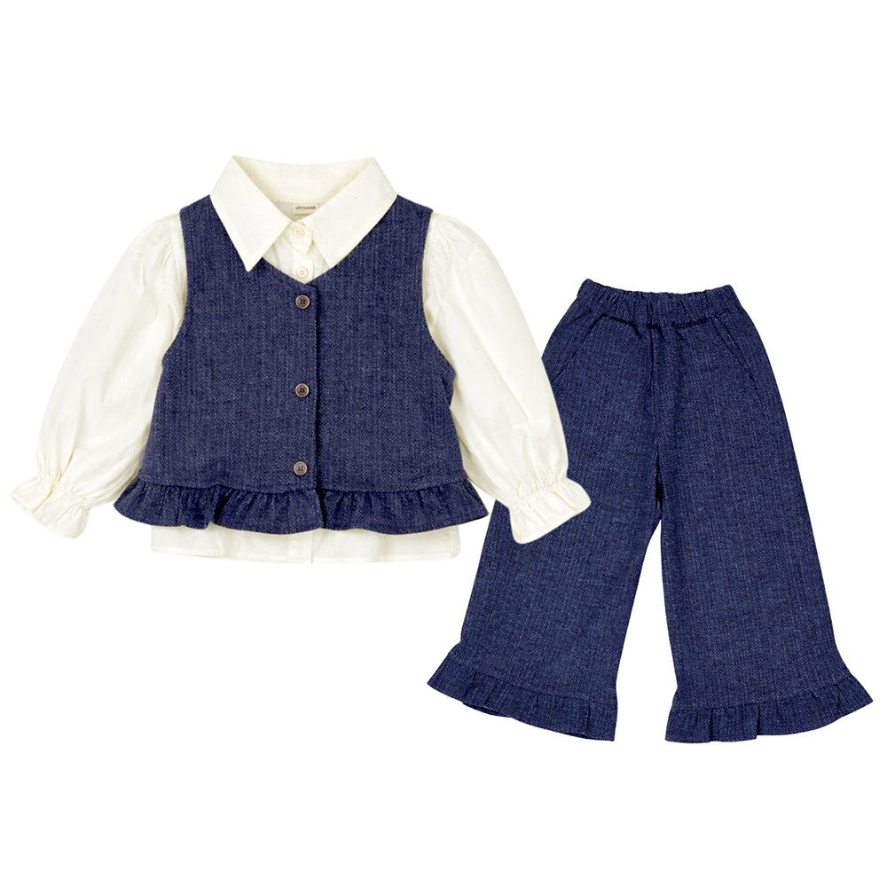 3 Pcs Set,Winterwear Navy Ruffled Vest,Ivory Shirt & Flare Pants for Girls