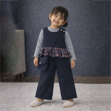 3 Pcs Set,Navy Sleevless Top, T-shirt &Wide Leg Pants with sling Bag