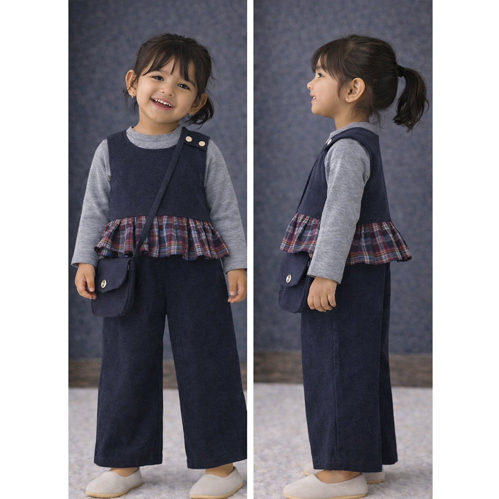 3 Pcs Set,Navy Sleevless Top, T-shirt &Wide Leg Pants with sling Bag