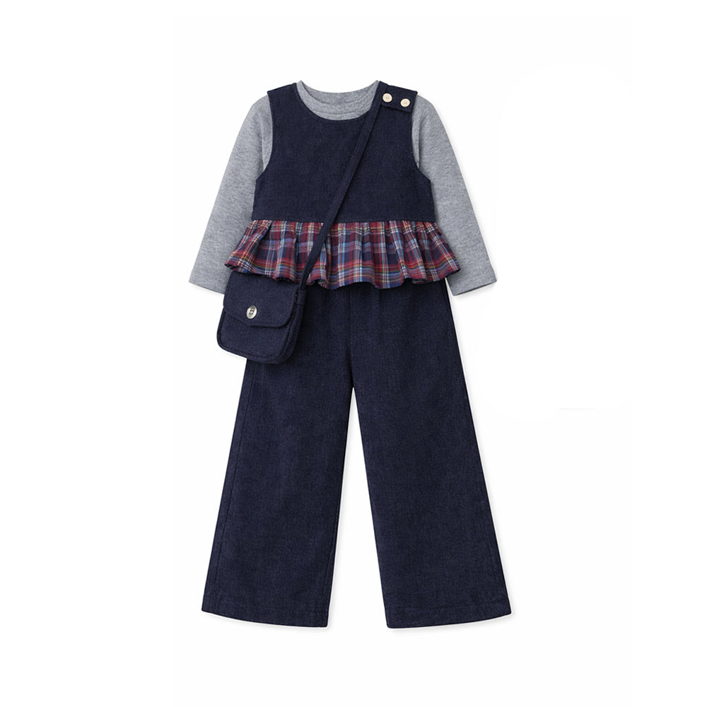 3 Pcs Set,Navy Sleevless Top, T-shirt &Wide Leg Pants with sling Bag
