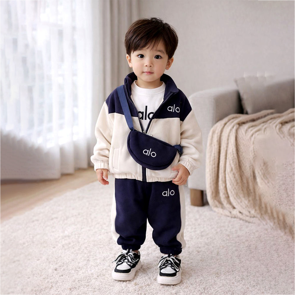 3 Pcs Set, Navy & Cream Tracksuit with and matching Sling Bag for Kids