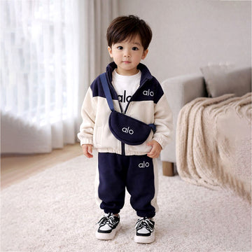 3 Pcs Set, Navy & Cream Tracksuit with and matching Sling Bag for Kids