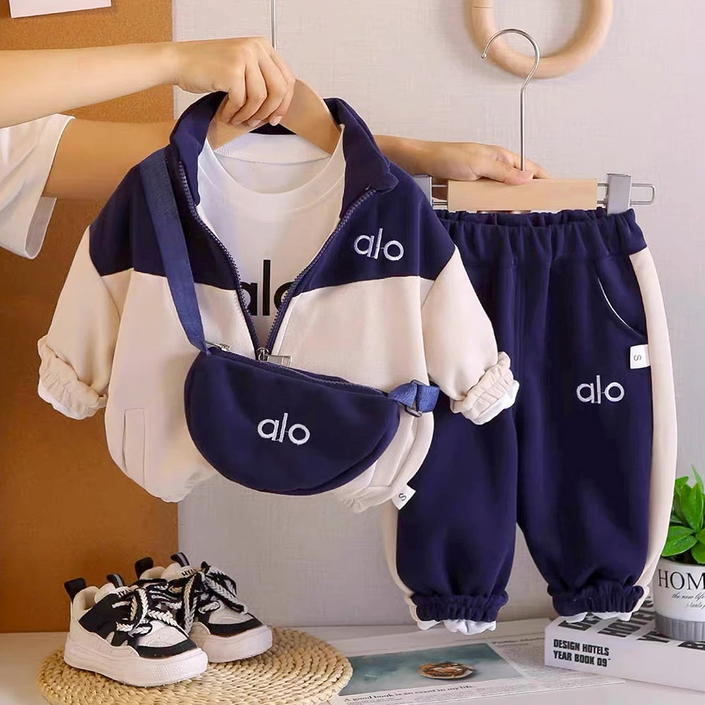 3 Pcs Set, Navy & Cream Tracksuit with and matching Sling Bag for Kids