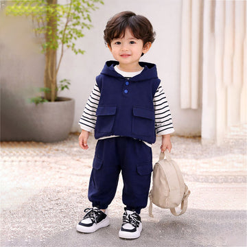 3 Pcs Set, Navy Blue Sleeveless Hoodie, Stripes T-shirt, & Pants for Kids
