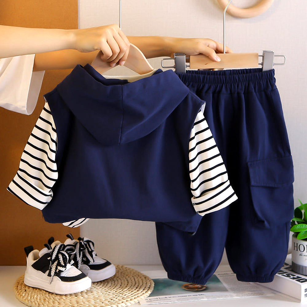 3 Pcs Set, Navy Blue Sleeveless Hoodie, Stripes T-shirt, & Pants for Kids