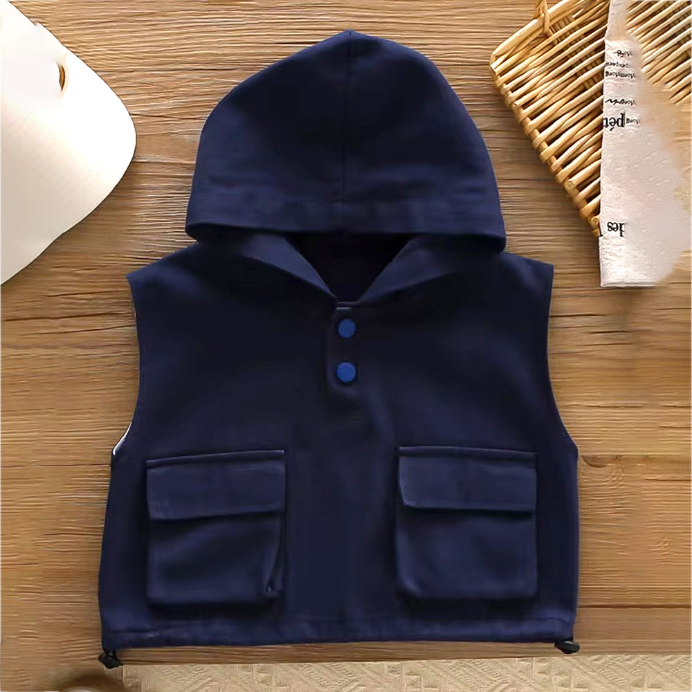 3 Pcs Set, Navy Blue Sleeveless Hoodie, Stripes T-shirt, & Pants for Kids