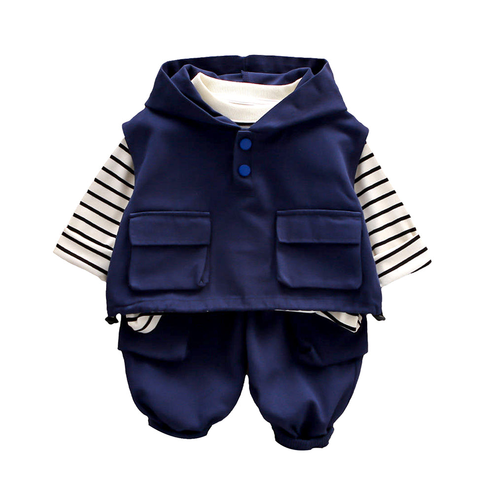 3 Pcs Set, Navy Blue Sleeveless Hoodie, Stripes T-shirt, & Pants for Kids