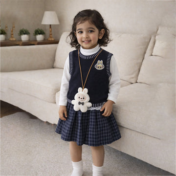 3 Pcs Set,Navy Labu Vest, Frill Inner T-shirt & Skirt partywear for Girls