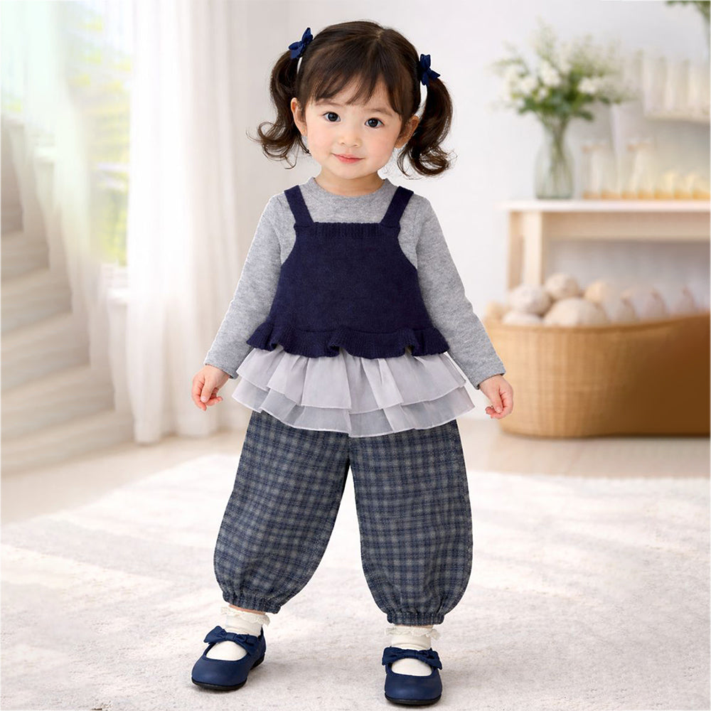 3 Pcs Set,Navy Blue Peplum-Style Top,T-shirt with Frill Checkered Pants for Kids