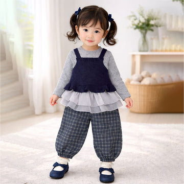 3 Pcs Set,Navy Blue Peplum-Style Top,T-shirt with Frill Checkered Pants for Kids