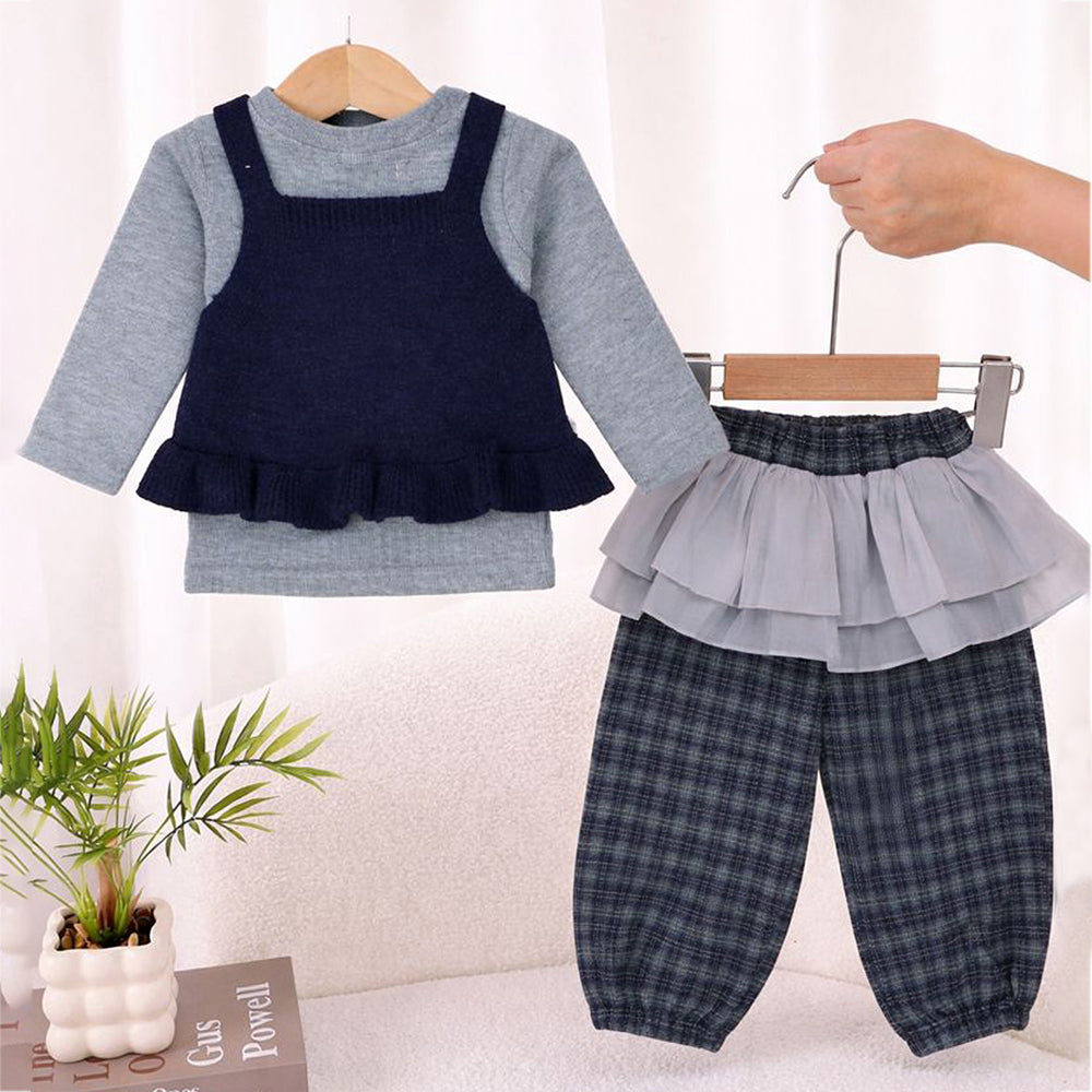 3 Pcs Set,Navy Blue Peplum-Style Top,T-shirt with Frill Checkered Pants for Kids