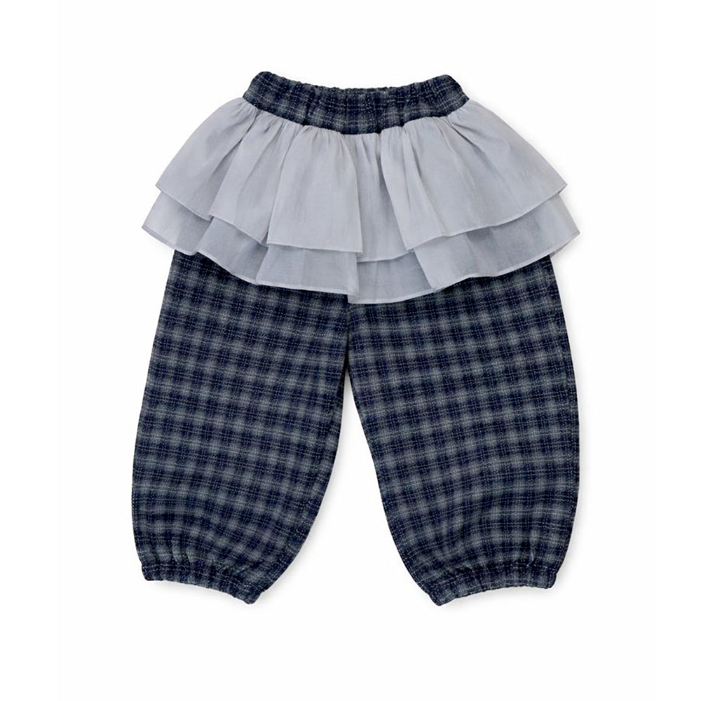 3 Pcs Set,Navy Blue Peplum-Style Top,T-shirt with Frill Checkered Pants for Kids