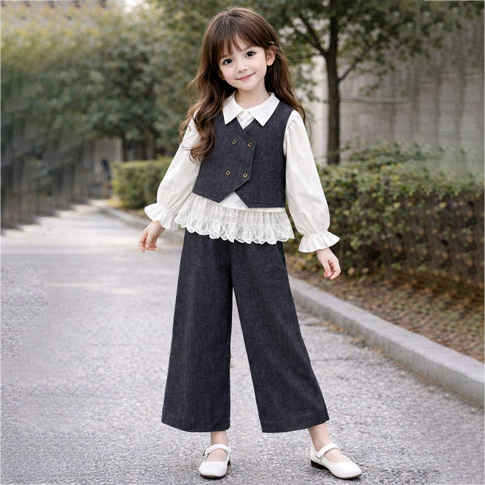 3 Pcs Set,Navy Waistcoat,White Peplum-style Top & Wide Leg Pants partwear set for Girls