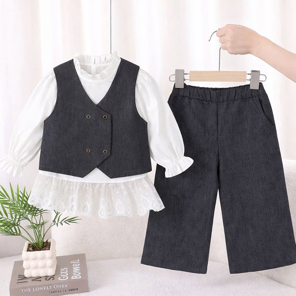 3 Pcs Set,Navy Waistcoat,White Peplum-style Top & Wide Leg Pants partwear set for Girls