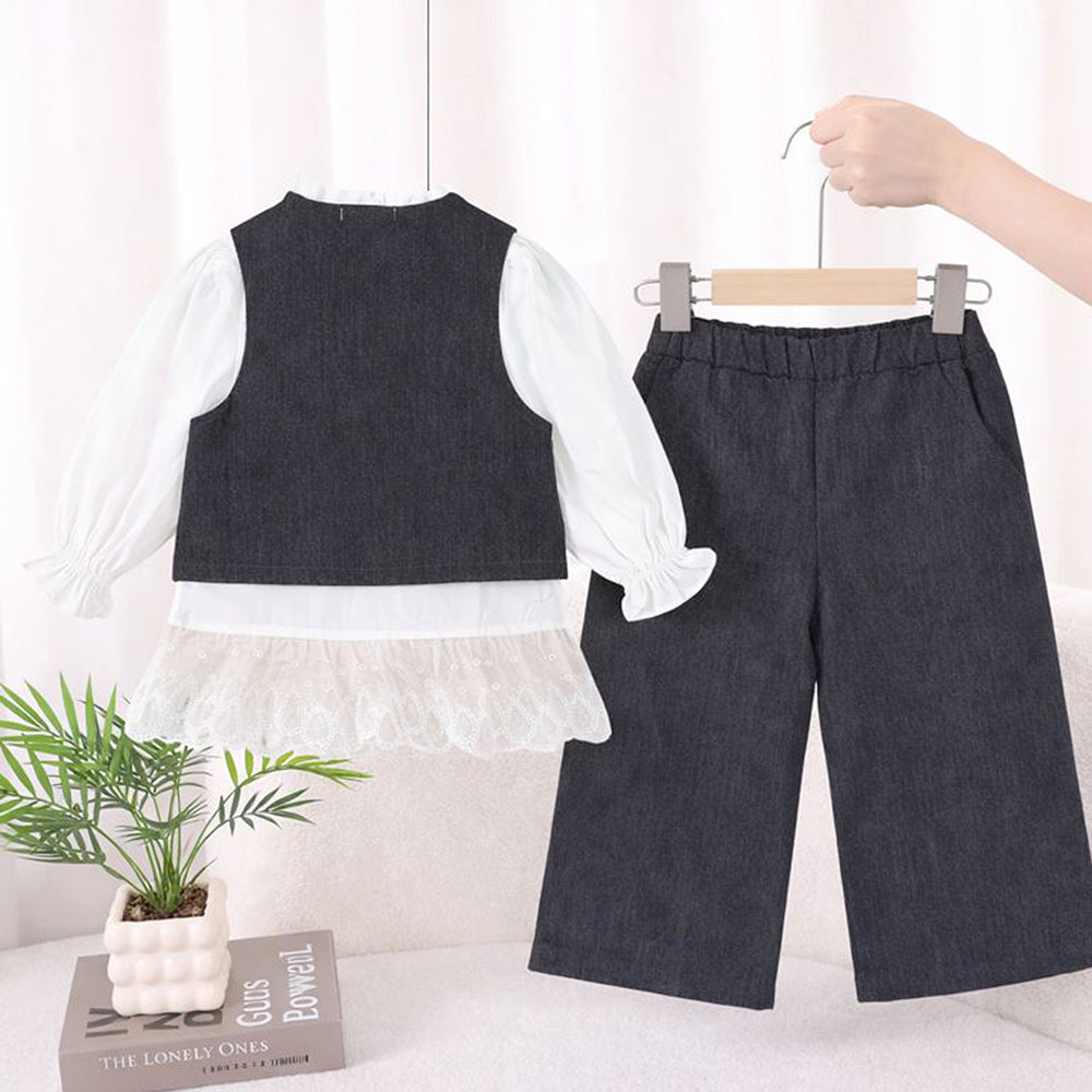 3 Pcs Set,Navy Waistcoat,White Peplum-style Top & Wide Leg Pants partwear set for Girls