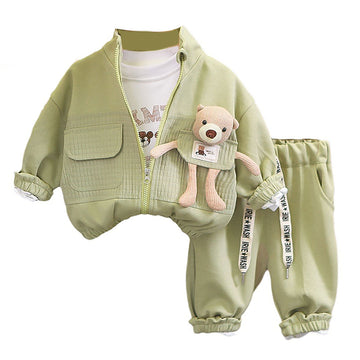 3 Pcs Set Olive Green Teddy Jacket Tshirt And Pants Set For Toddler And Kids Winter And All Season Wear