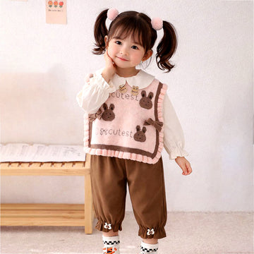 3pcs set,Pink Brown Knitted Vest,Cream Shirt,& Pants partywear for Kids