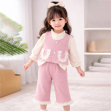 3 Pcs Set Pink Frill Pocket Vest,Shirt & Matching Pants for Girls