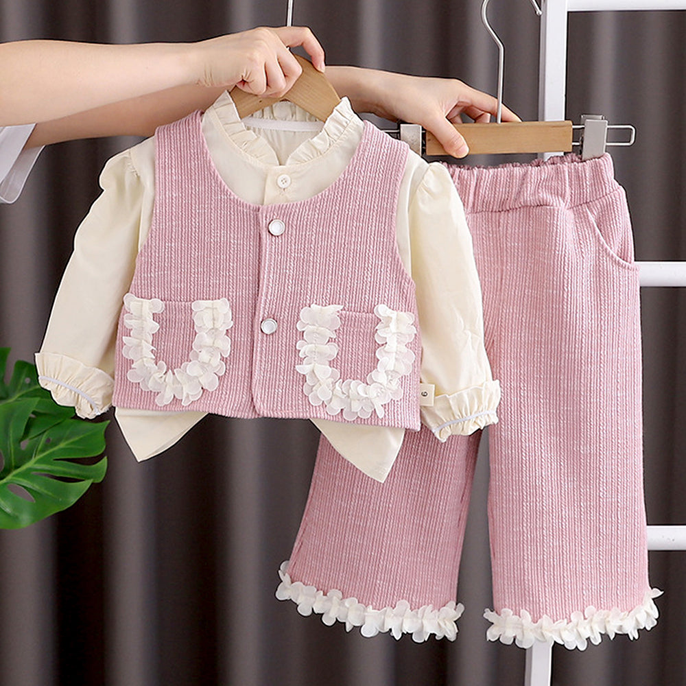 3 Pcs Set Pink Frill Pocket Vest,Shirt & Matching Pants for Girls