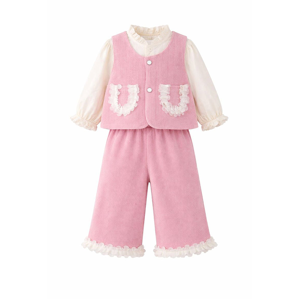 3 Pcs Set Pink Frill Pocket Vest,Shirt & Matching Pants for Girls