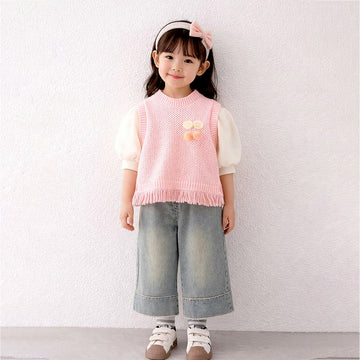 3 Pcs Set,Pink Pom-pom Knitted Vest, T-shirt & Denims for Kids