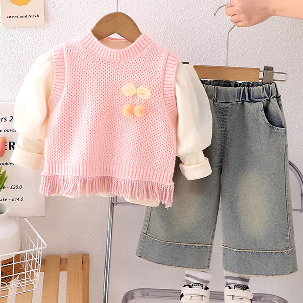 3 Pcs Set,Pink Pom-pom Knitted Vest, T-shirt & Denims for Kids