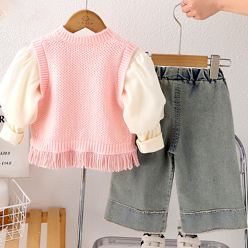 3 Pcs Set,Pink Pom-pom Knitted Vest, T-shirt & Denims for Kids