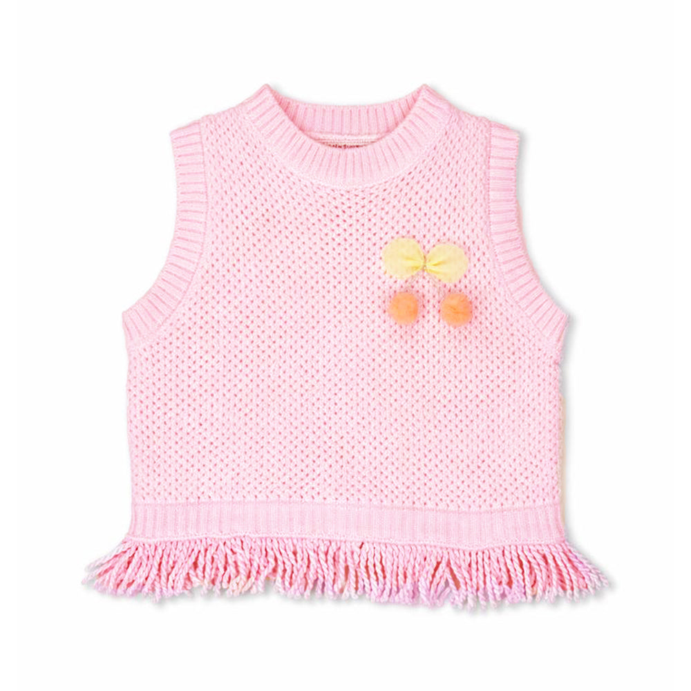 3 Pcs Set,Pink Pom-pom Knitted Vest, T-shirt & Denims for Kids