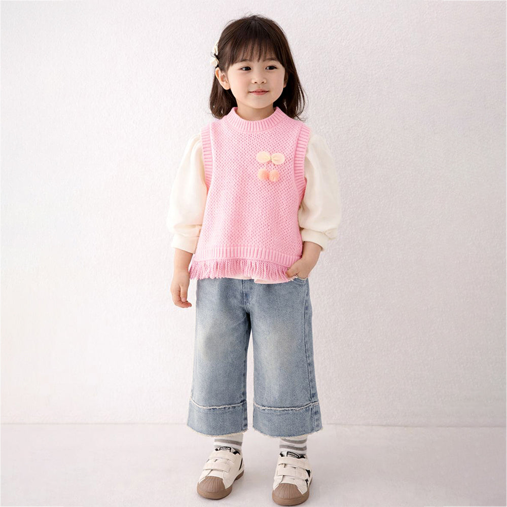 3 Pcs Set,Pink Pom-pom Knitted Vest, T-shirt & Denims for Kids