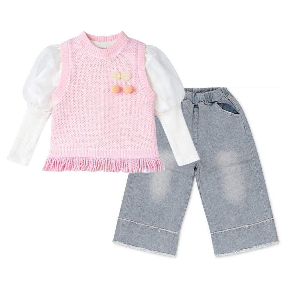 3 Pcs Set,Pink Pom-pom Knitted Vest, T-shirt & Denims for Kids