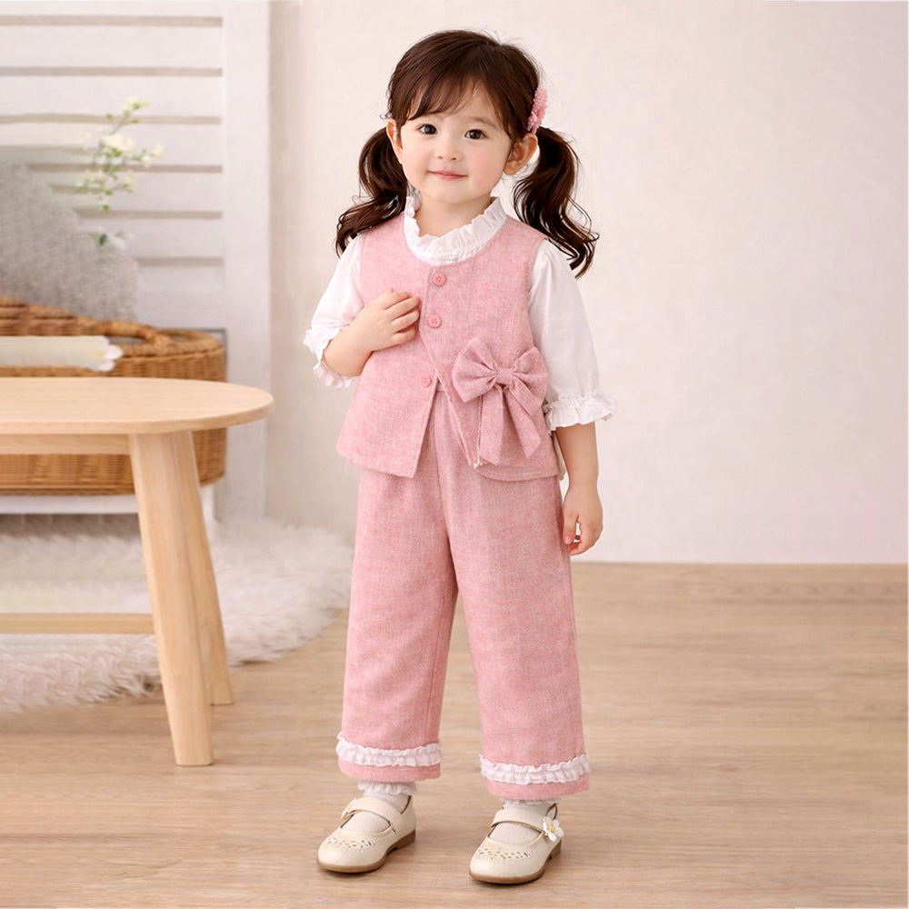 3 Pcs Set Pink Side Bow Jacket,Shirt & Matching Pants Partywear set for Girls