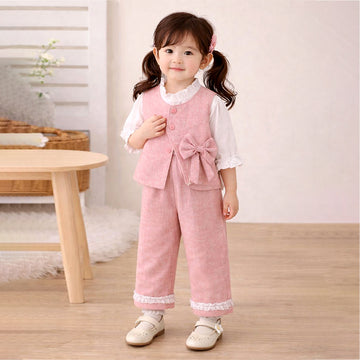 3 Pcs Set Pink Side Bow Jacket,Shirt & Matching Pants Partywear set for Girls