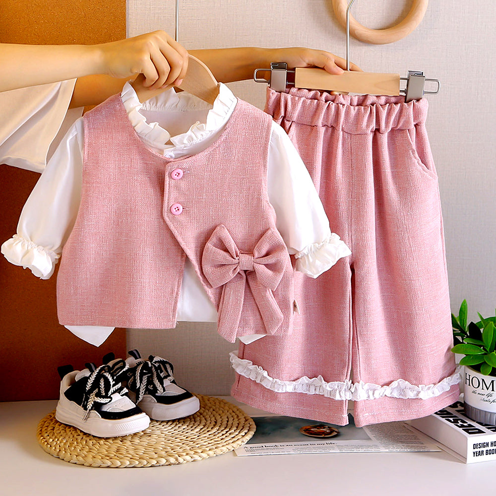 3 Pcs Set Pink Side Bow Jacket,Shirt & Matching Pants Partywear set for Girls