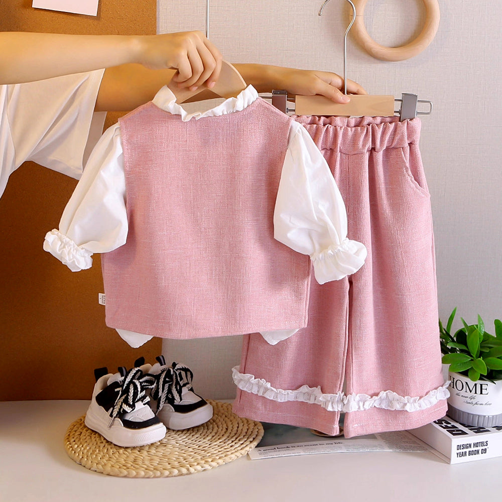 3 Pcs Set Pink Side Bow Jacket,Shirt & Matching Pants Partywear set for Girls