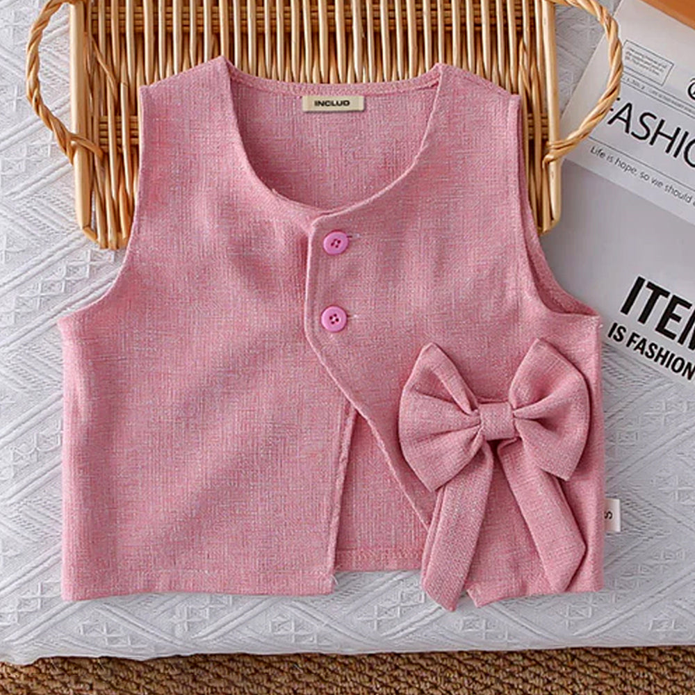 3 Pcs Set Pink Side Bow Jacket,Shirt & Matching Pants Partywear set for Girls